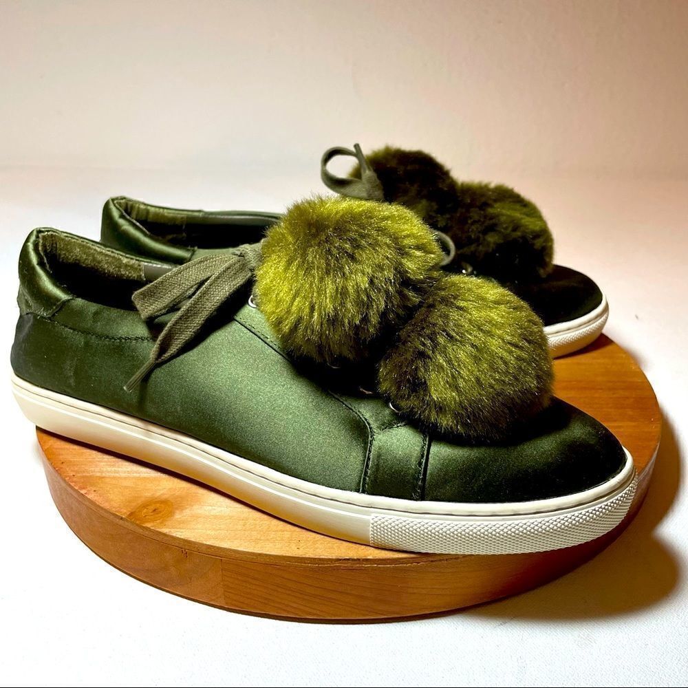 JSlides Olive green satiny Pom Pom slip ons